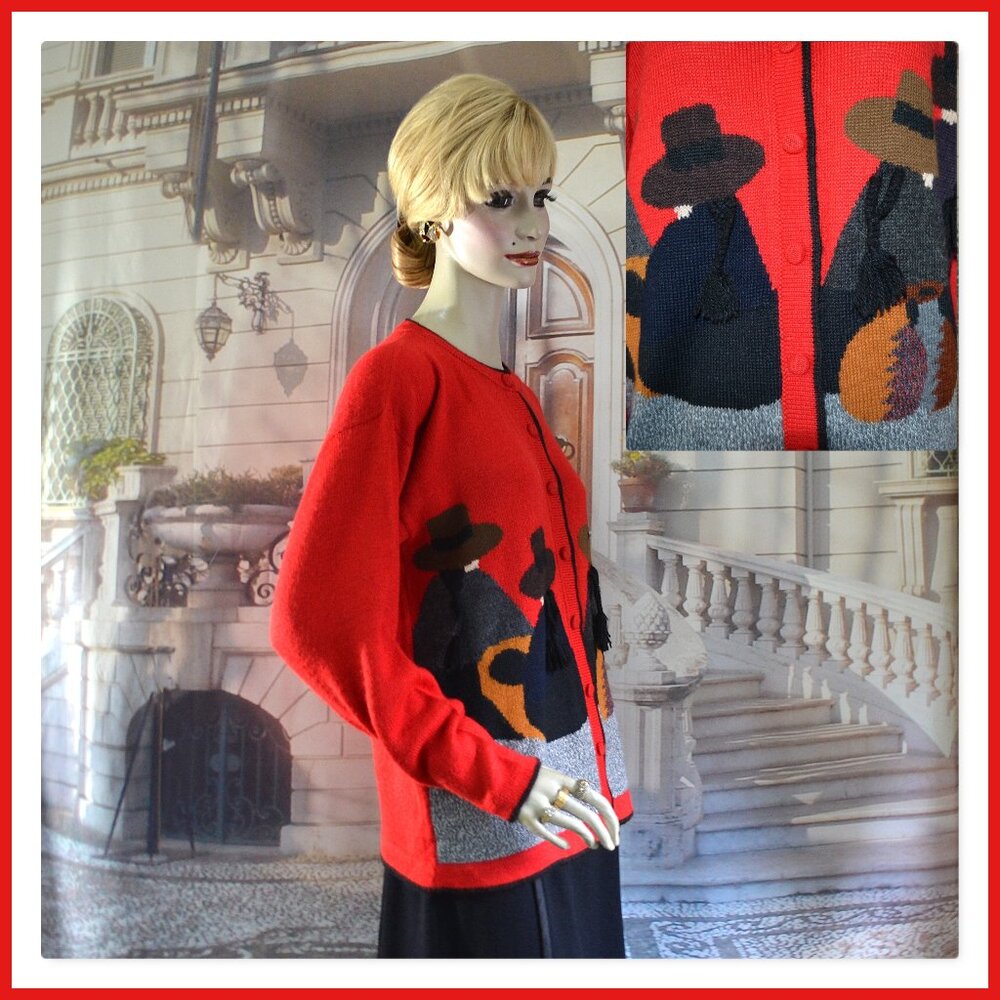 Arte Cuzco Alpaca Red Knit Sz Large Cardigan Sweater 4 Peruvians in Trad Dress